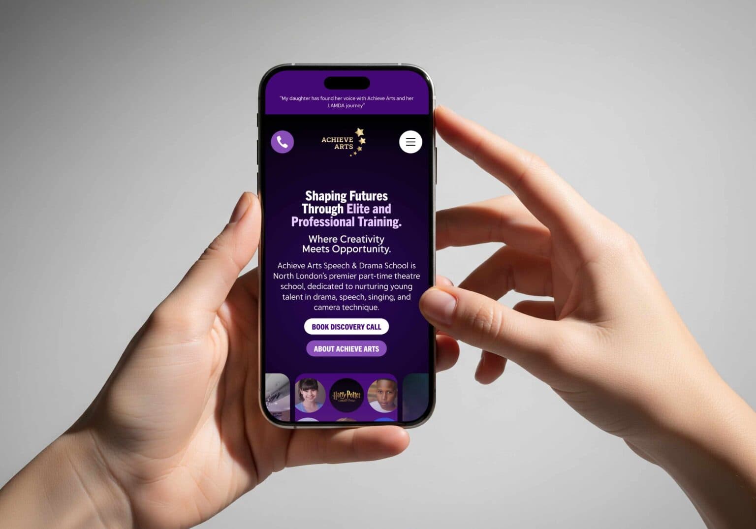 Achieve Arts website displayed on mobile
